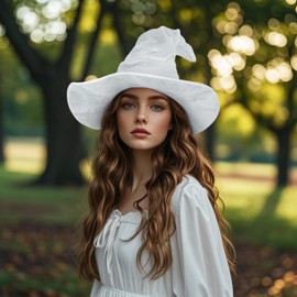 JEGERMIG - Sombrero de bruja fruncido para mujer, de gran tamaño, gorros de terciopelo con ala ancha, accesorio de Halloween, Blanco/18"-2, 18"