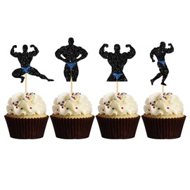 MonMon & Craft Male Dancers Cupcake Toppers,Beefcake Strippers Men Boys Dancing Party,Wedding,Muscle Man Cupcake Toppers,Bridal Shower,Bachelorette Party Cupcake Decorations,Black Glitter,24 Pcs