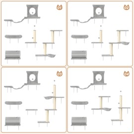 NUNU LAB Wall Mounted Cat Furniture, 7 Pcs Cat Wall Shelves with House, Tunnel, Bridge, Steps, Scratcher, Hammock, Bed, Indoor Safe & Stable Furniture for Kittens Play, Gray