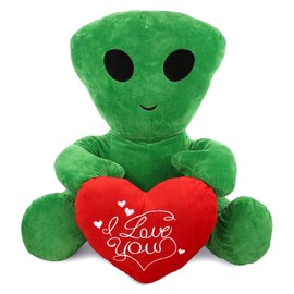 DolliBu I Love You Alien XL Plush – Cute Alien Stuffed Animal with Red Heart and with Name Personalization for Valentine, Anniversary, Romantic Date – 24 Inches
