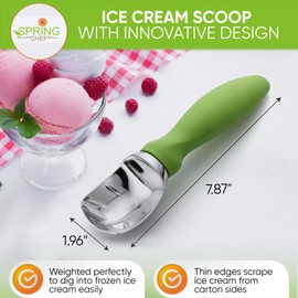 Spring Chef Green Heavy Duty Ice Cream Scoop with Non-Slip Handle - Professional Metal Ice Cream Scooper for Cookie Dough, Frozen Yogurt, Gelato, Sorbet, Melon - Dishwasher Safe Kitchen Tool