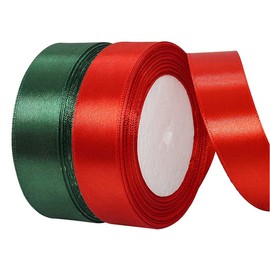 2 Rolls Christmas Ribbon, 25mm x 50 Yards Red and Green Ribbon Satin Ribbon Holiday Ribbon for Christmas Gift Wrapping Wedding Valentine Crafts Decoration