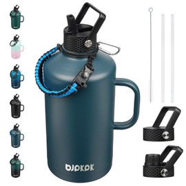 BJPKPK 1 Gallon Water Bottle Insulated with Straw Lid, 128oz Large, Stainless Steel Water Bottles with 3 Lids and Paracord Strap, Double Wall Vacuum Metal Water Jug,Navy Blue