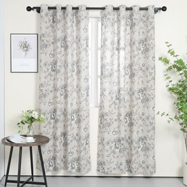 Floral Print Linen Curtains Black Vintage Flower Decorative Window Curtain Panel Light Filtering Farmhouse Grommet Drapes for Living Room Bedroom, 2 Panels, 52 x 84 Inch