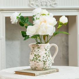 Vintage White and Green Floral Ceramic Vase with Handle, Retro Ice Glazed Crack Farmhouse Pitcher Vase for Home Decor, Living Room, Shelf, Office, Rustic Table Centerpiece 6 Inch