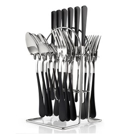 24 Pieces Flatware Set, Stainless Steel Cutlery Set with Silverware Holder, Spoons Forks Knives Set,Hanging Silverware Set Service for 6,Durable Stainless Steel Utensils Set (Black)