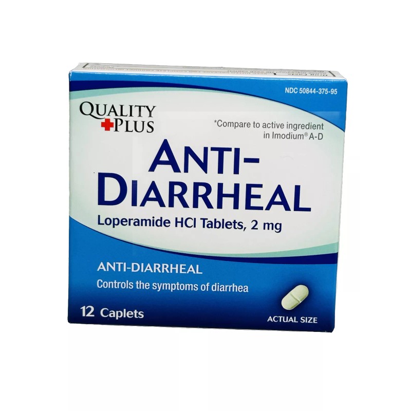 Quality Plus 12 Caplets Anti-Diarrheal HCI Tablets USP, 2 mg.