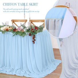 QueenDream Baby Blue Chiffon Table Skirt - 6ft Sheer Table Cloth for Baby Shower Wedding Birthday Mermaid Theme Party 2 Layer