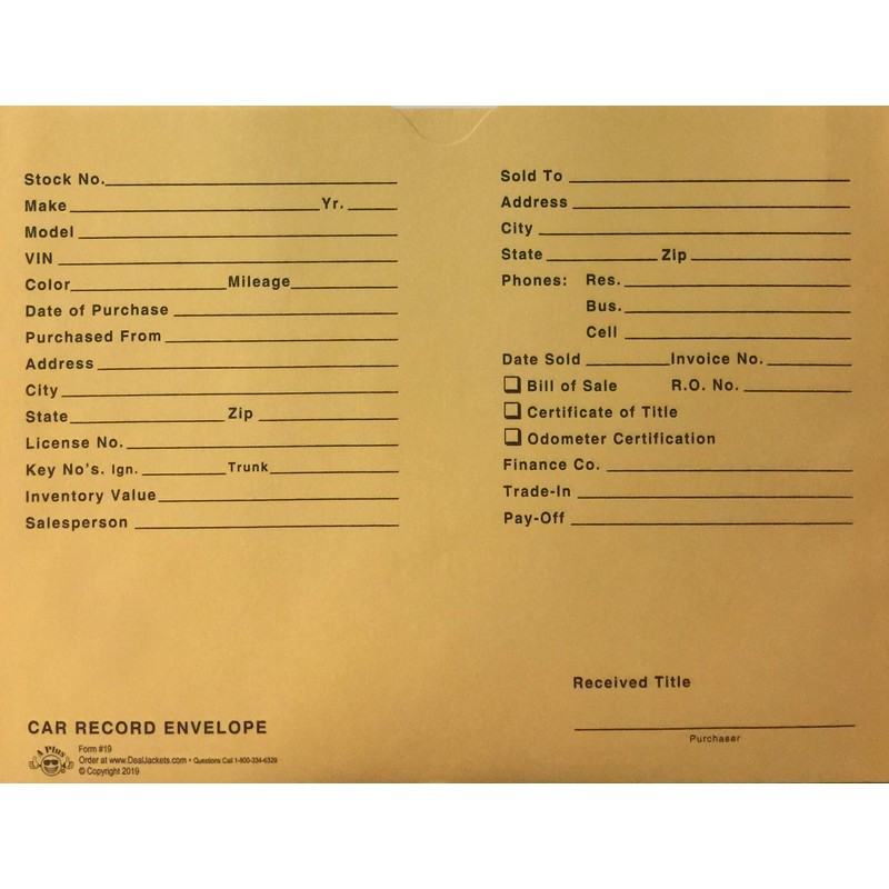 A Plus Printed Paper Car Record Envelope File Folder 12"