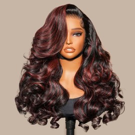 Alipearl 20 Inch 1B/99J Burgundy Lace Front Wigs Human Hair Body Wave Glueless Wigs Human Hair Pre Plucked Pre Cut Highlight Ombre 13x4 Lace Front Wigs Human Hair Pre Everything Side Part Wig