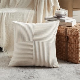 FDTERN Set of 2 Cream Beige Corduroy Christmas Cushion Covers, 40 x 40 cm, Soft Decorative Cushion Covers, Sofa Cushion, Boho Decoration for Sofa, Bedroom, Living Room