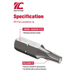 ROTATION 30-Piece T20 Bit Set, Chrome Vanadium Steel, Impact Grade Phillips Bit Set, 1/4-inch Hex Shank