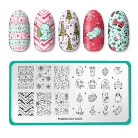Maniology Frosty Friends Nail Stamping Plate, Kawaii Furry Animails Stamp Plates, Festive Reindeer, Gnomes, Christmas Tree, Gifts, Manicure Designs, Winter Snowflakes and Santa Claus Patterns