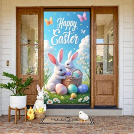 Happy Easter Door Cover Decorations Large Easter Bunny Door Banner Easter Eggs Rabbit Basket Photography Backdrop for Spring Holiday Indoor Outdoor Home Party Supplies 35 X 71 Inches