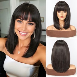 WOKESTAR Staright Wig with Fringe Synthetic Medium Length Layered Wigs for Women Natural Black Colour