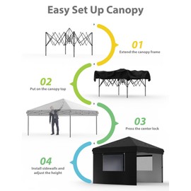 GarveeLife 10x10 Pop Up Canopy with 3 Sidewalls - Easy Up Camping Tent with One Button Push Setup - 1 Roller Bag, 3 Adjustable Height, 4 Weight Bags for Deck, Garden, Sports, Beach, Party - Black