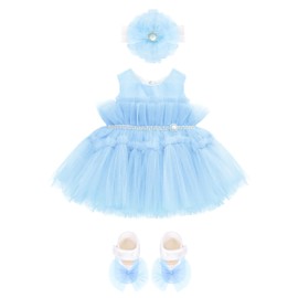 Lilax Baby Girl Tulle Princess Tutu Wedding Dress 3 Piece Set with Matching Shoe and Headband 0-3 Months Blue