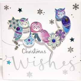Talking Pictures - (Pack of 4) Luxurious Christmas Cards - Owls and Snowflakes