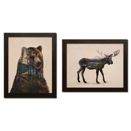 Rustic Double Exposure Bull Moose and Bear Landscape Set; Cabin Lodge Decor; One 11x14 and one 14x11in Brown Framed Poster Print