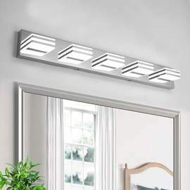 LED Vanity Lighting 30W Lights for Mirror 5 Light Bath Wall Lamps 34 Inch Bathroom Sink Lights over Vanity Modern Long Bath Lights Bars Chrome Wall Sconces Light for Bathroom Restroom 6000K