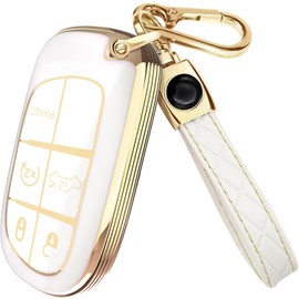 Lucrum for Dodge, Jeep, Chrysler Key Fob Cover and Leather Keychain, 5 Buttons Key Case for Dodge Ram, Charger, Dart, Durango, Journey - 2011-2025 Keyfob Cover for M3N-40821302 - White and Gold