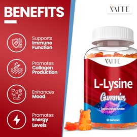 L-Lysine 1000mg Gummies - Supports Skin, Lip, Vegan, Gluten Free, Vitamins for Adults Tissue Health & Immune System, Chewables, Amino Acid Vitamin Supplement & Complex Supplements, Non-GMO