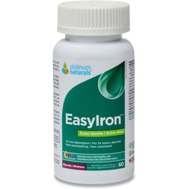 Platinum Naturals EasyIron Extra Gentle Capsules, 60 Vegetarian Liquid Caps - Enhanced Red Blood Cell Formation, Non-Constipating - Iron Bisglycinate with B6 & B12 Vitamins, Ideal for Men & Women