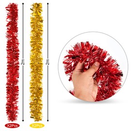 Tinsel Garland Christmas, 4 Pieces x 2 m Christmas Tree Tinsel Garland, Christmas Decoration, Artificial Christmas Garland for Mantle, Stairs, Fireplace, Christmas Decoration, 2 Red, 2 Gold
