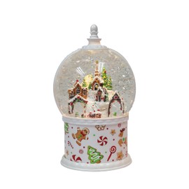 11.7“H Acrylic Gingerbread Globe - LED Lights, Water Spinning Glitter, Battery Operated - Hand-Painted Polyresin