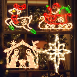 GLOWNOVA 200L19'' 4 Pack Christmas Window Silhouette Lights Decorations, Window Lighted Reindeer x1,Santa and Sleigh x1,Nativity x1,Bethlehem Star x1 for Home Indoor Wall, Patio Lawn