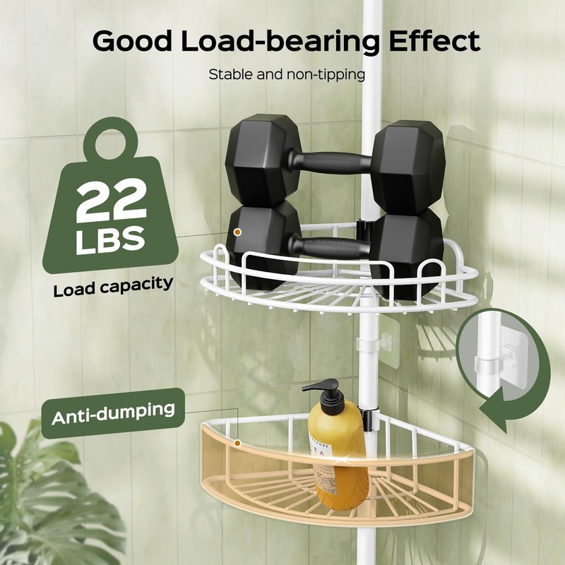 HAMITOR Corner Shower Caddy Tension Pole: Rustproof Bathroom Organizer Shelves