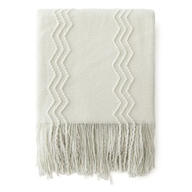 MIULEE - Manta de punto blanco crema para sofá, manta de punto texturizada con borlas, acogedora manta tejida bohemia para sofá, cama, silla, patrón de ondas acrílicas, 127.0 x 152.4 cm