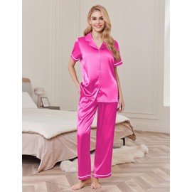 Ekouaer Women's Silk Pajamas Set Short Sleeve Satin Pjs 2 Piece Soft Loungewear with Pants Button Down Sleepwear,Rose Red,S