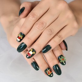 ELEVENAIL Christmas Nails with 3D Rhinestone Cartoon Snowflake Deer Bell Deep Green Press on False Nails Medium Length Oval DIY Manicure Reusable Fake Acrylic Festival Party Nail Art Tips