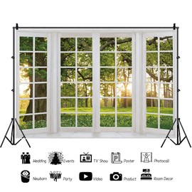 Window Backdrop,Yeele 5x3ft Spring Forest Background for Photography White Window Frame Sunshine Through Trees Background Online Office Wallpaper Meeting Decorations