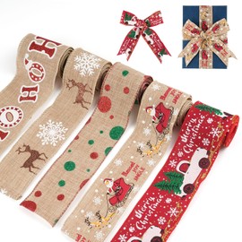 Christmas Ribbon for Gift Wrapping, 50mm Wide Wired Burlap Ribbon,Xmas Theme Merry Christmas Bows Ribbon, Christmas Ribbons for Crafting Bows, Christmas Wreaths Decorative Project, Hair Band