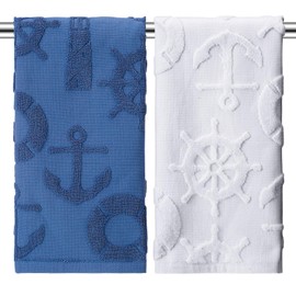 Fanfanwin 2 Pcs Summer Nautical Hand Towels for Bathroom Blue Nautical Beach Bathroom Hand Towel Nautical 100% Cotton Jacquard Weave Dish Washcloth for Kitchen Farmhouse Gifts 12.6 x 28.35 Inch