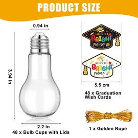 Sabary 48 Pack 100 ML Plastic Light Bulb Jars with Graduation Card and String, Light Bulb Candy Container Light Bulb Drinking Cups Fillable Drink Ornaments Clear Candy Jars For 2024 Graduation Party