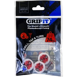 Gripit Red Plasterboard Fixings - Heavy Duty Plasterboard Fixings for Drywall & Stud Walls, Holds Up to 74kg - Ideal for Shelves, Shower Units and Speakers - Easy Install & UK Designed (4 Pack)