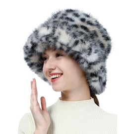 Women's Winter Faux Fur Bucket Hat Fluffy Warm Ladie's Plush Leopard Printed Fisherman Cap(Black Leopard Printed)