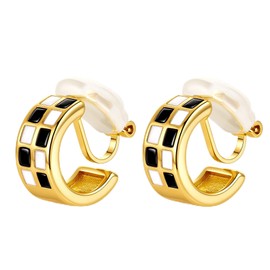 Awinesn Checkered Clip on Earrings 14K Gold/Silver Plated Small Hoop Clip Earrings for Women Hypoallergenic Trendy White Black Enamel Non Pierced Earring Jewelry Gifts