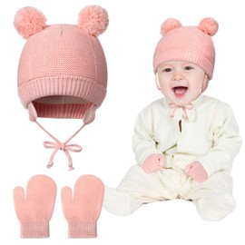 Neer 2 Piece Newborn Baby Winter Beanie Hat Mittens Set Toddler Autumn Warm Knitted Hat Gloves Set, pink