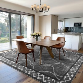 Woottpe Washable Area Rugs 8x10, Non-Slip Rugs for Living Room Bedroom, Low Pile Large Soft Alfombras, Modern Bordered Home Floor Rugs for Kids Playroom Office Dining Room Farmhouse, Dark Grey