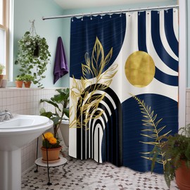 QGHOT Mid Century Modern Navy Blue Shower Curtain Boho Dark Blue and Gold Leaves Shower Curtains for Mens Bathroom Decor Sets, Waterproof Cloth Fabric with Hooks, 70x72in