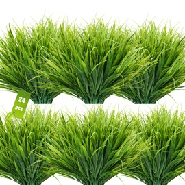 JIFTOK Artificial Plants Outdoor Fake Wheat Grass Stems, 24 Pcs UV Resistant Artificial Greenery, Fake Grass Faux Spring Greenery Stems Shrubs Bushes for Home Vase Pot Box Porch Outdoor Decor