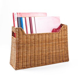 goraffia Rattan Magazine Basket – Handwoven Book & Mail Organizer, 15.5" x 4.75" x 10" Floor Bin with Handles, Natural Sustainable Storage for Living Room, Entryway, Office (Natural Honey)