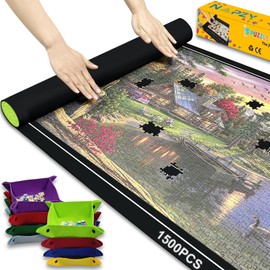 Napzy Puzzle Mat with Color Box, 8PCS Sorting Trays Up to 1500pcs Puzzles Matt Rollup 45.6 x 26.3 in Jigsaw Keeper and Saver Jigsawes Pad Has Storage Bag for Puzzle Lovers Felt Matted Black