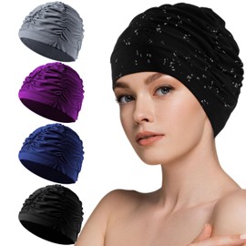 Soulchen Swim Caps for Women Non Slip Swimming Pool Hat Polyester Turban Elastic Comfort Bathing Caps for Long Short Hair(Black, Purple, Navy, Gray,4 Pcs)