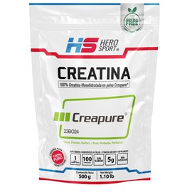 HEROSPORTS | Creatina Monohidratada Creapure® 500g. 100% Pura. Solo 1 Ingrediente Creatina Alemana Creapure®. Vegana, Sin Azúcar, 100 porciones, 5g por porción, Incluye Scoop. Pure. Proven. Perfect.