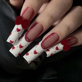MISUD Press on Nails Long Square Fake Nails Glossy Glue on Nails White French Tip Acrylic Nails Squoval Artificial Nails Red Heart Lace Bow Stick on False Nails with Design 24 pcs
